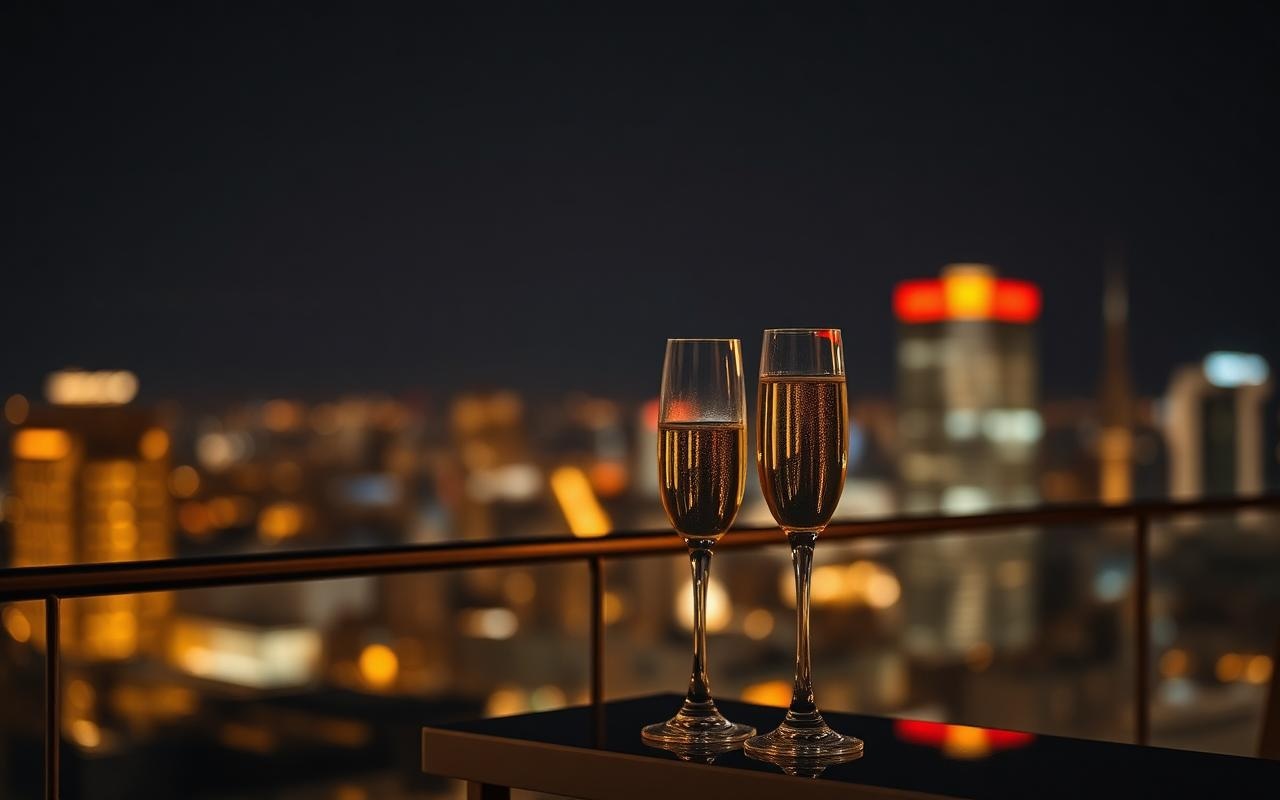 Taças de champagne em um terraço com vista da cidade