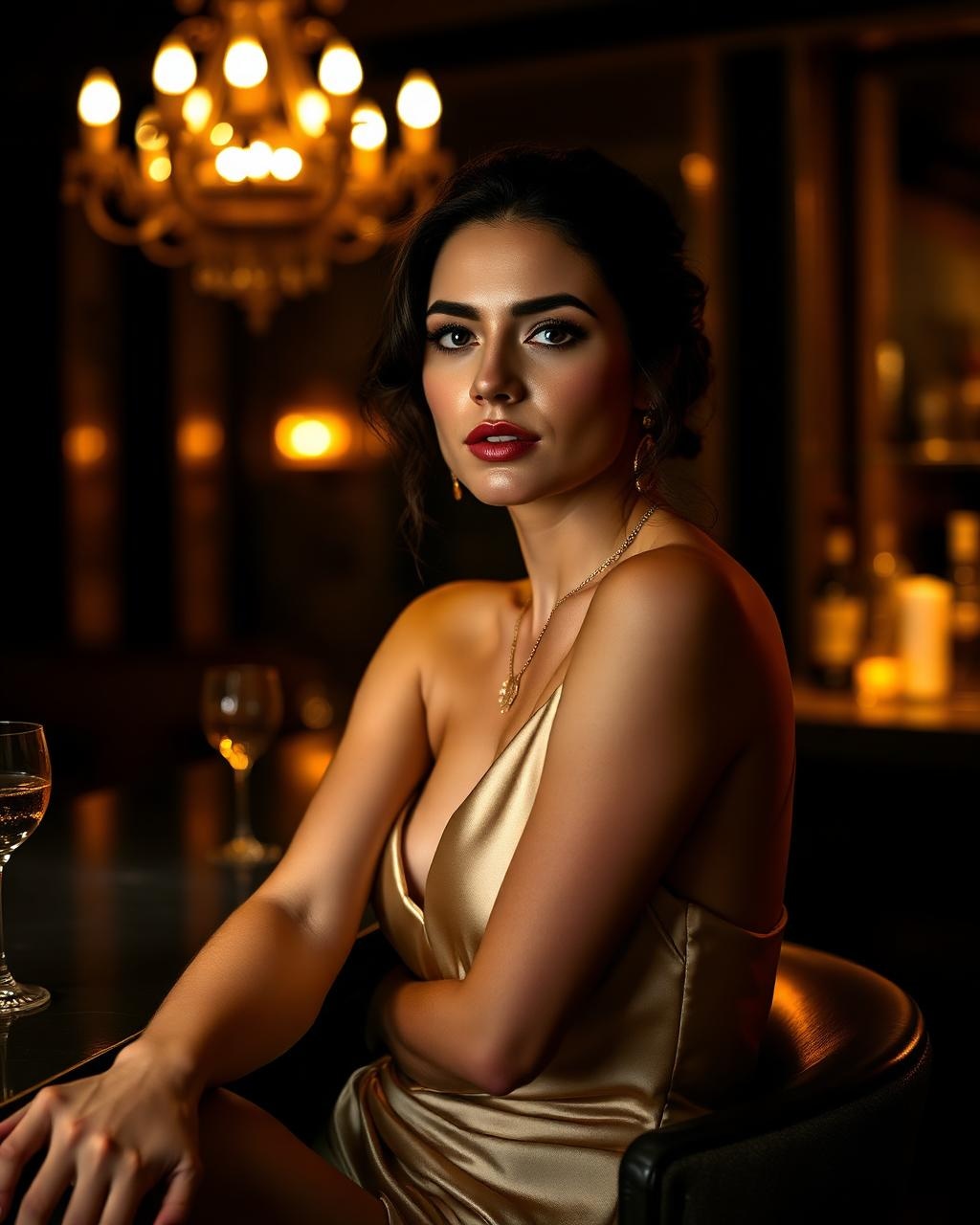 Mulher elegante em vestido de seda champagne